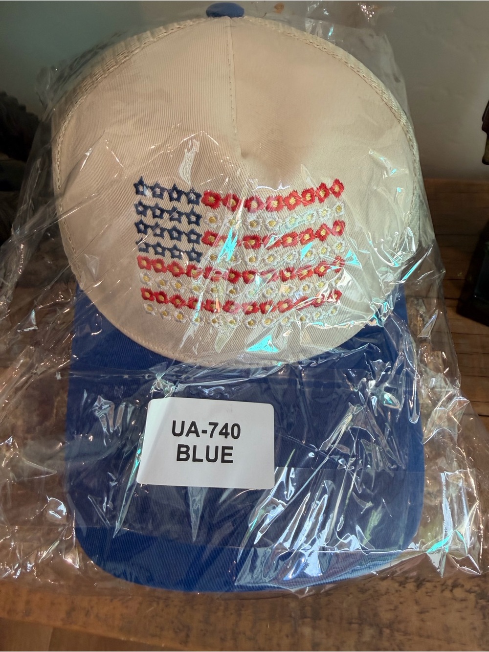 Embroidered Flag Trucker Hat in Cream and Blue